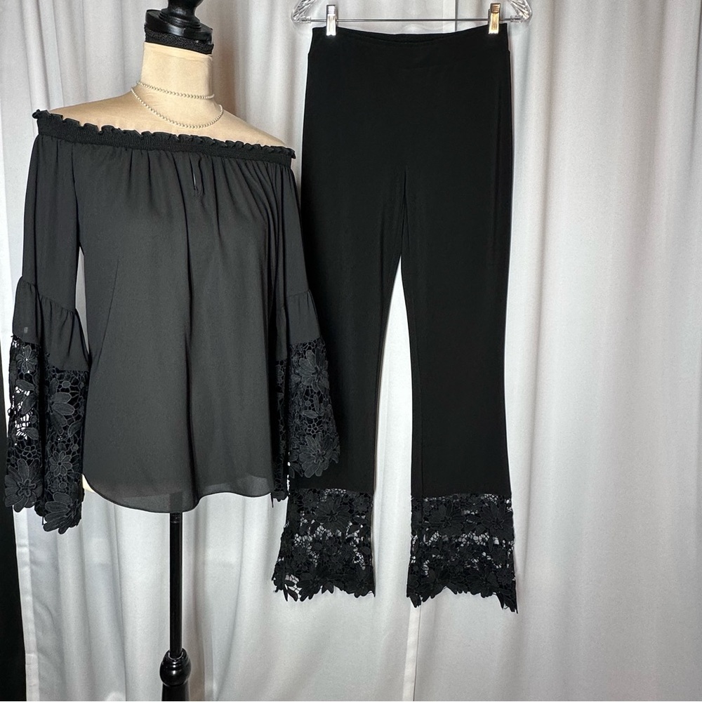 NEW Joseph Ribkoff 2 Piece Set Sz 6 | Bell Sleeve‎ Top - Flare Pants| Lace Trim